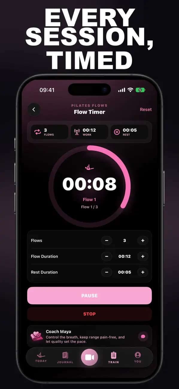 Pilates AI Flow Timer showing an active timed Pilates session.
