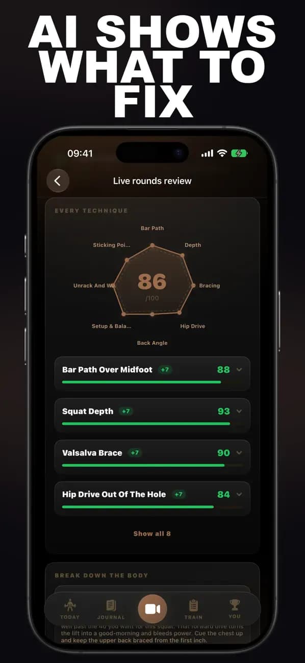 Powerlifting AI live rounds review scoring bar path, squat depth, bracing, and hip drive.