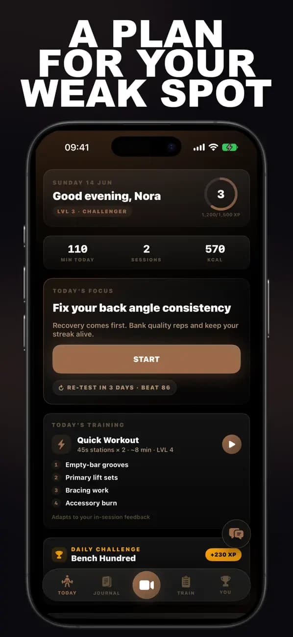 Powerlifting AI dashboard recommending a plan to fix your back-angle consistency.