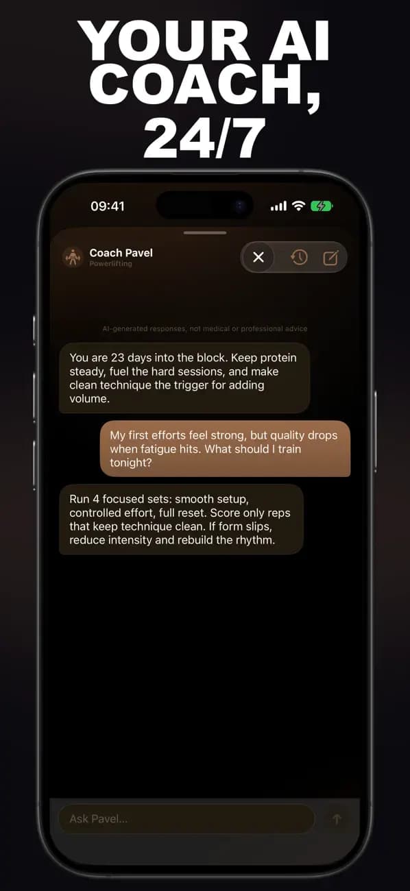 Powerlifting AI chat with Coach Pavel about your back-angle consistency.