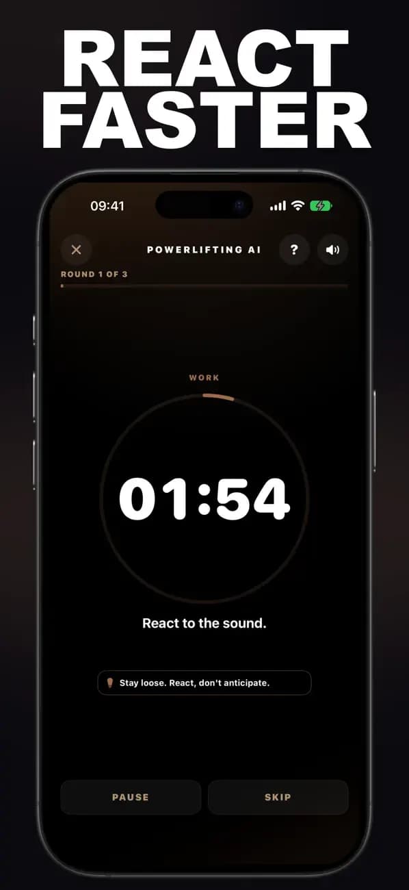 Powerlifting AI reaction drill displaying a timed sound cue.