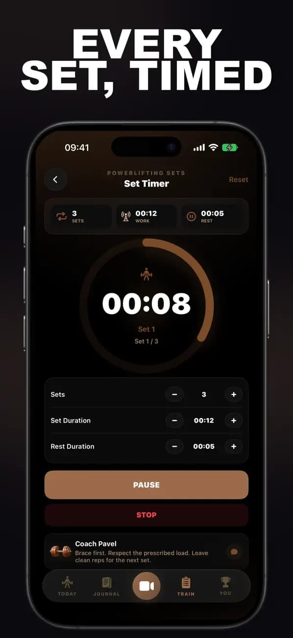Powerlifting AI Set Timer showing an active timed powerlifting set.