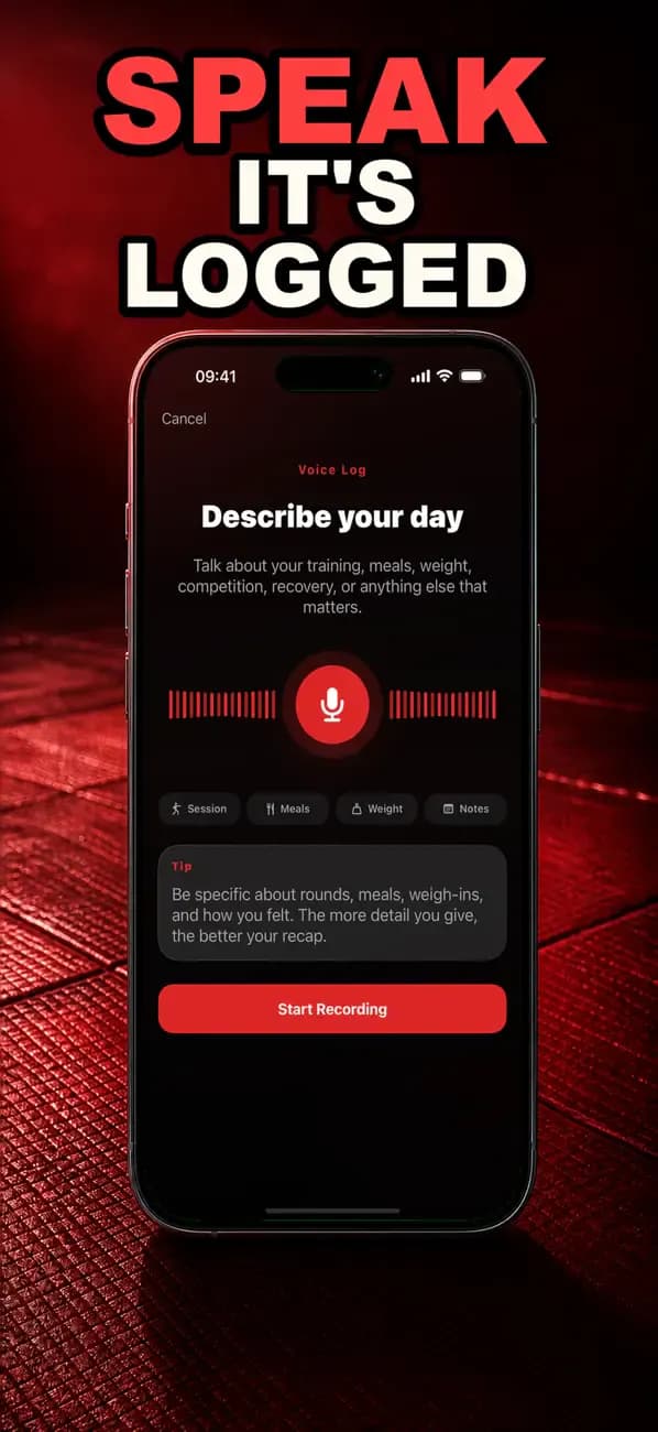 Sambo AI voice log asking the athlete to describe a training day.