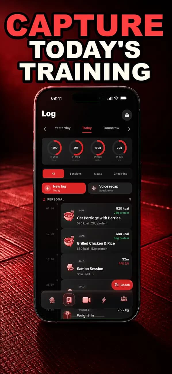 Sambo AI daily log showing meals, voice recaps, and Sambo sessions.