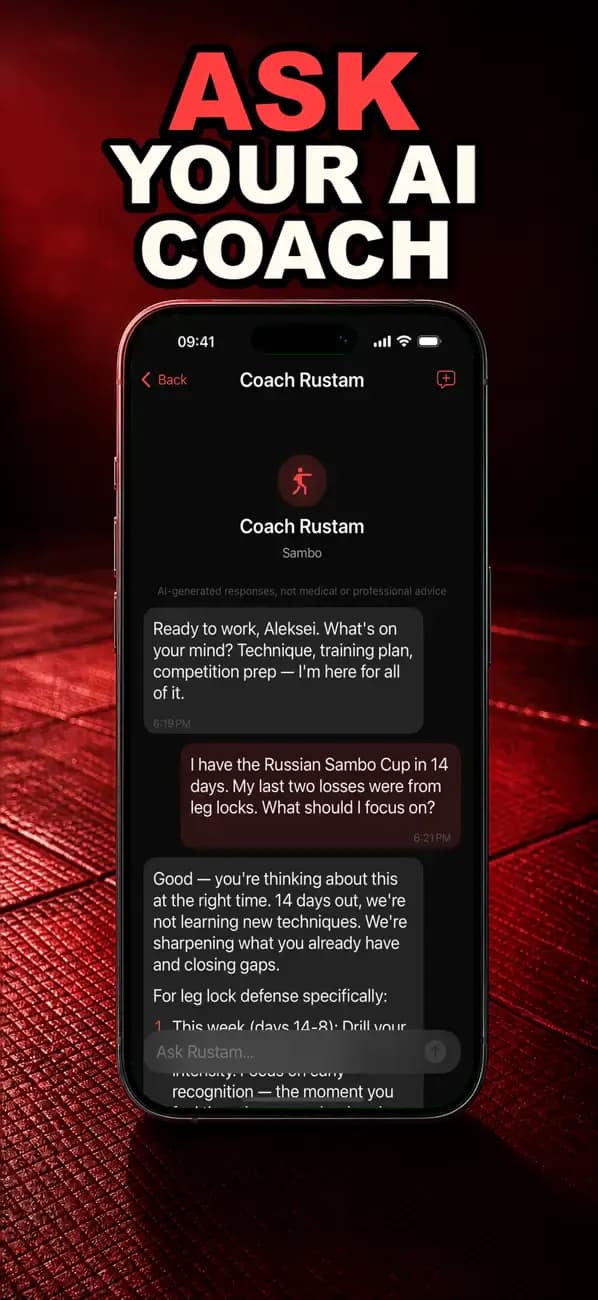 Sambo AI conversation with Coach Rustam about training and leg-lock defense.