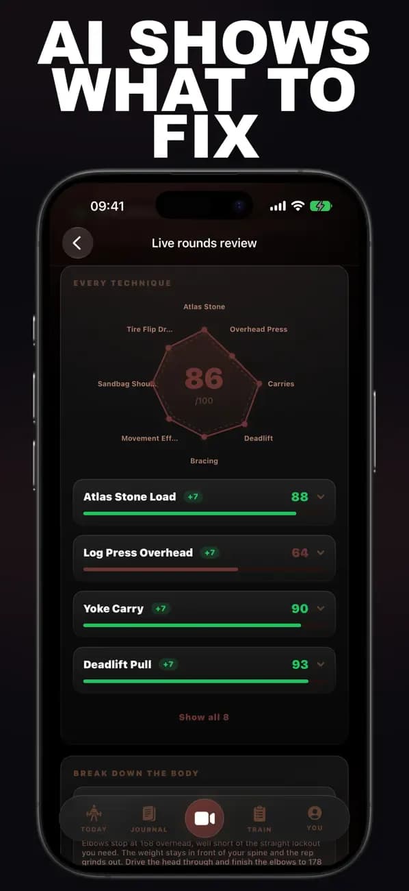 Strongman AI live rounds review scoring atlas stones, log press, yoke carry, and deadlift pull.