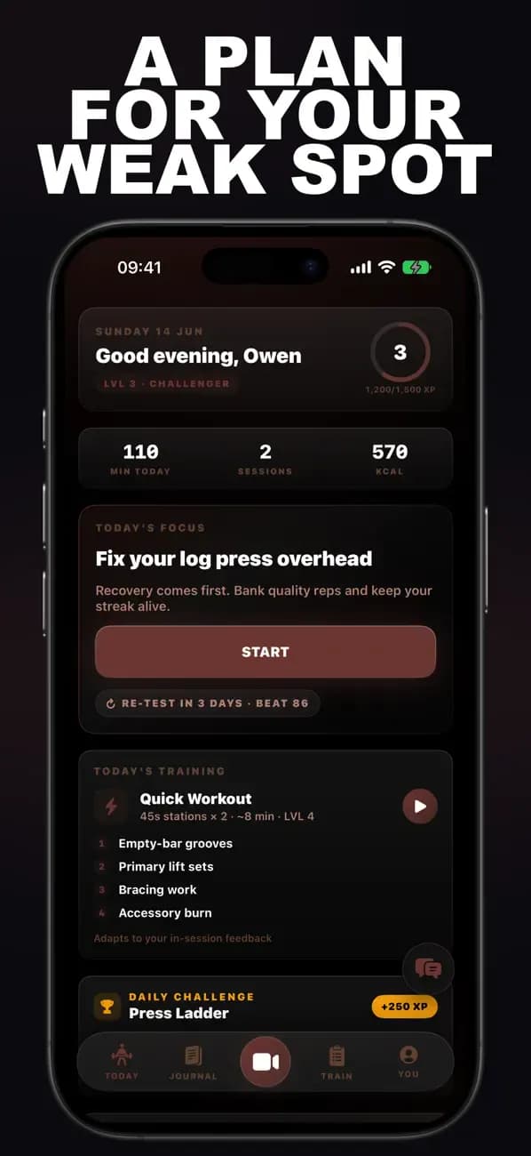 Strongman AI dashboard recommending a plan to fix your overhead log press.