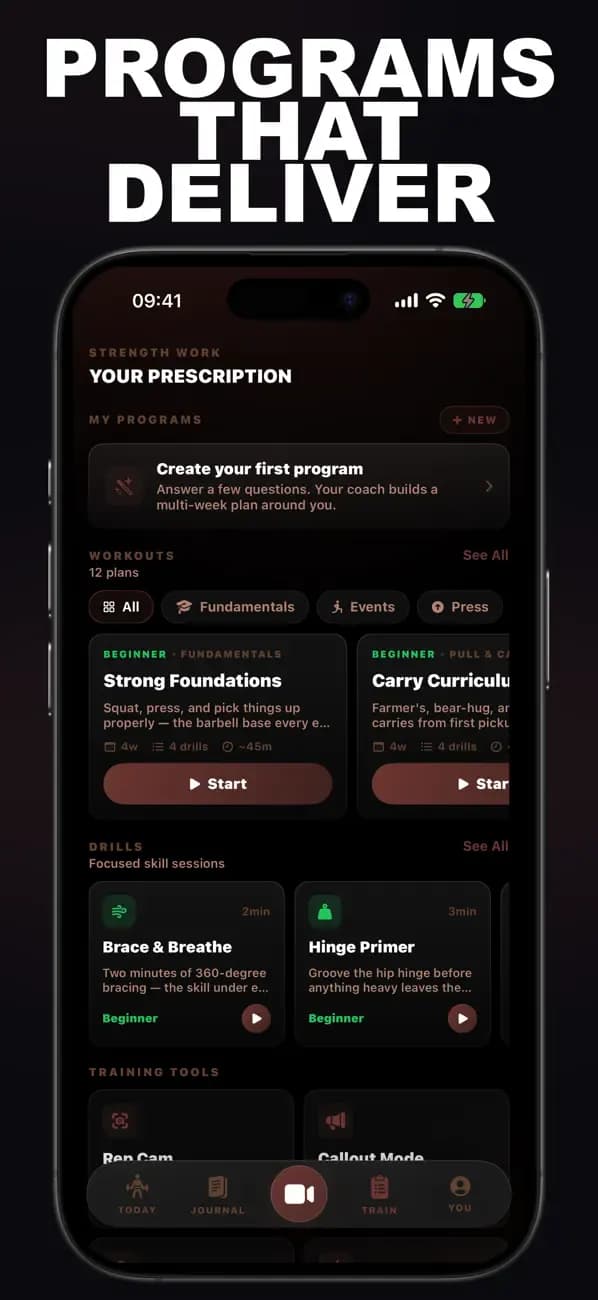 Strongman AI training prescription with programs built from a event analysis.