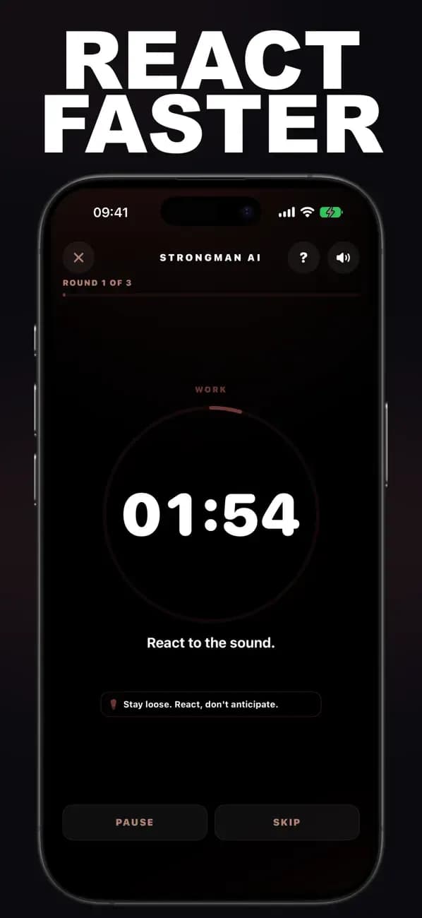 Strongman AI reaction drill displaying a timed sound cue.