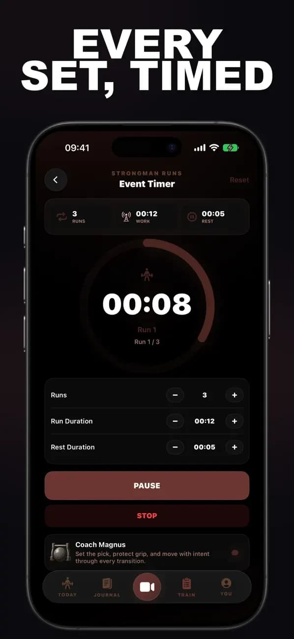 Strongman AI Event Timer showing an active timed strongman set.