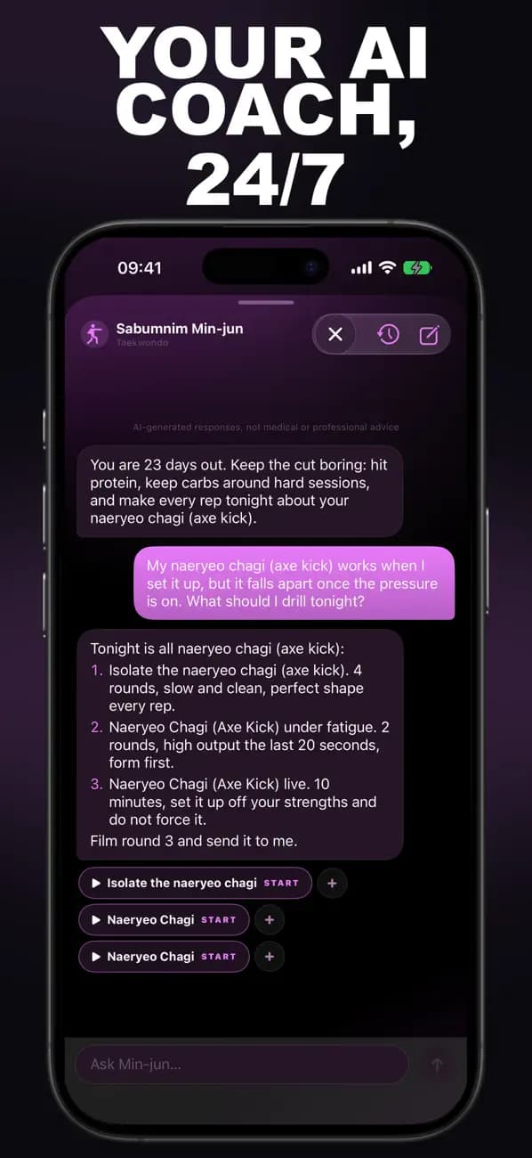 Taekwondo AI chat with Sabumnim Min-jun about your naeryeo chagi axe kick.