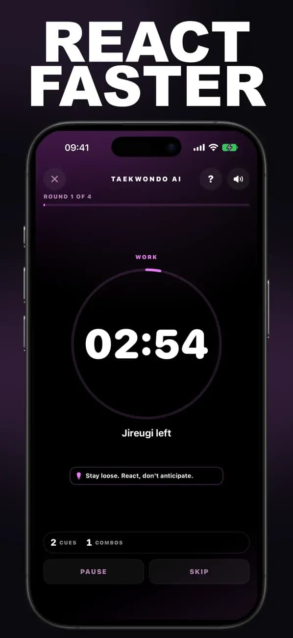 Taekwondo AI reaction drill displaying a jireugi-left cue.