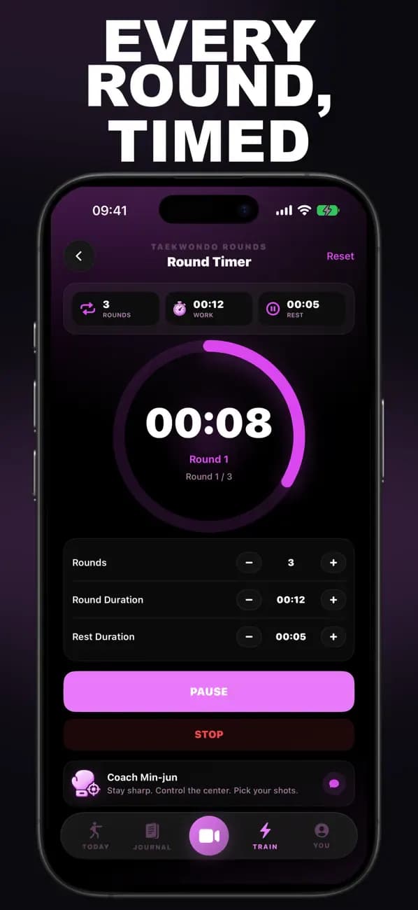 Taekwondo AI Round Timer showing an active timed Taekwondo round.