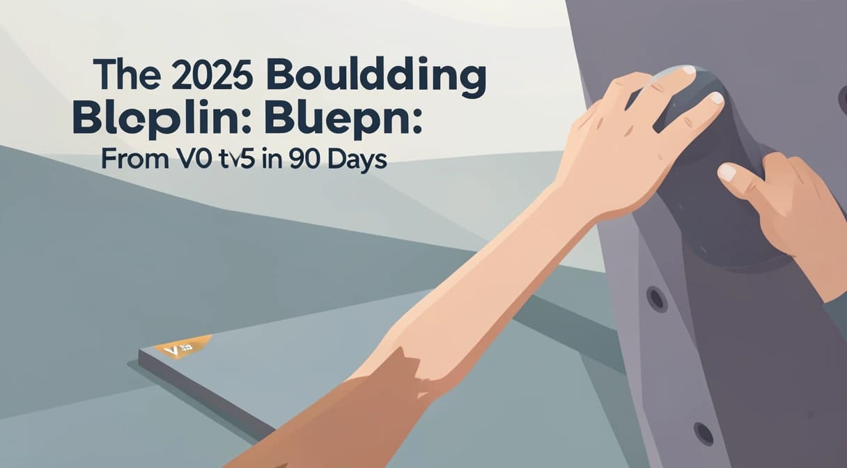 A climber's chalked hands reaching for the next hold on a textured bouldering wall, with a clear V-grade tag visible on the mat below.