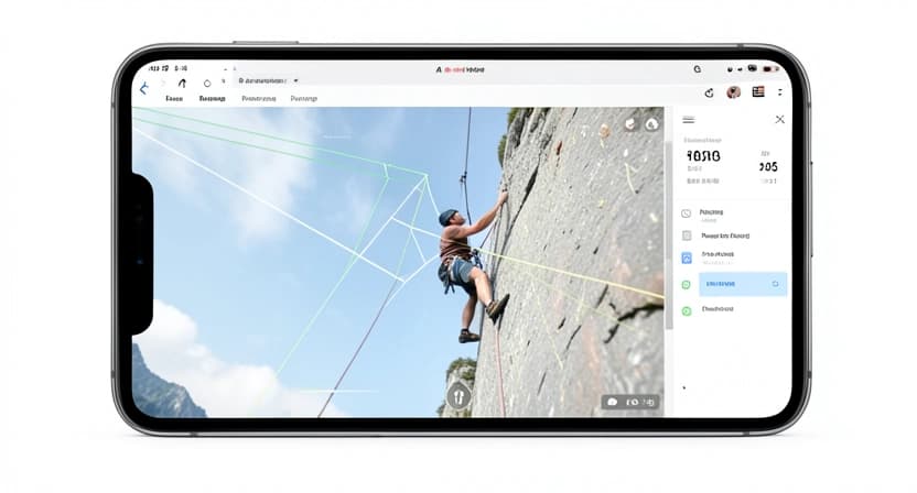 A smartphone screen showing an AI video analysis overlay on a climbing video, with angles and scores drawn over the climber's body.