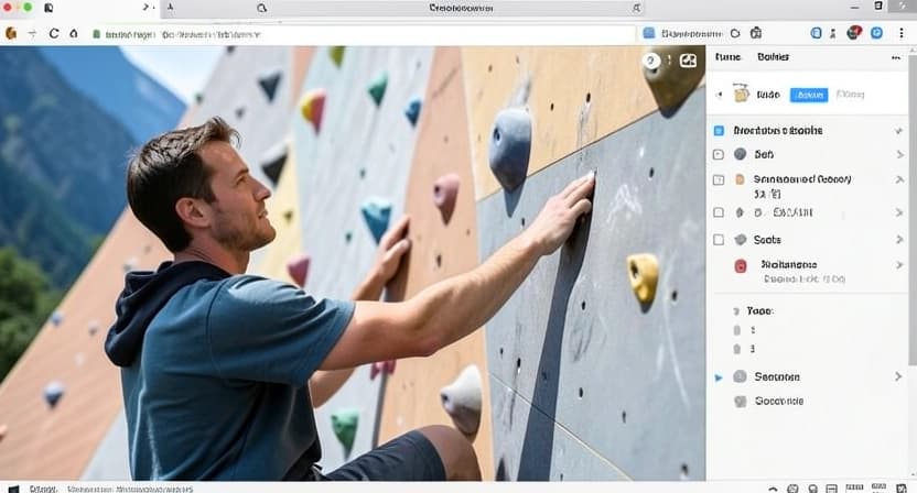 A climber intently studying a bouldering wall, tracing the route with their hand, planning their beta before climbing.