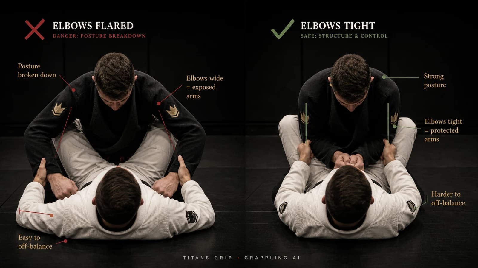Flared elbows versus tight tracks closed guard escape comparison