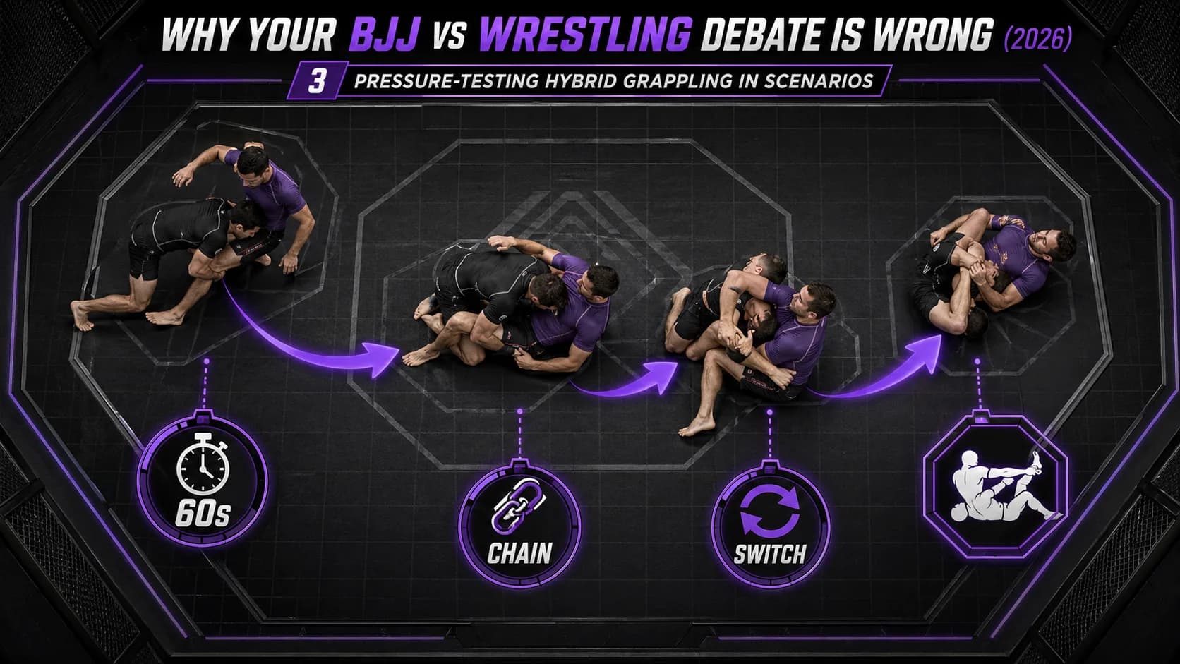 Vue d'œil de coach de deux athlètes en scramble, l'un passant d'une tentative de single-leg ratée à un balayage en deep half guard.