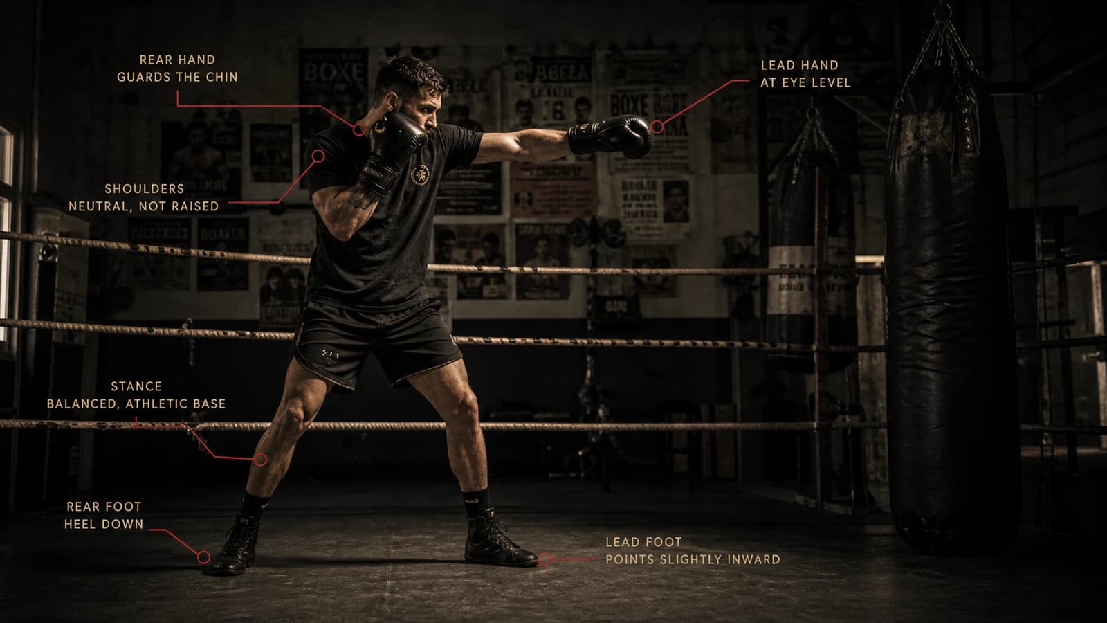 Annotated boxing jab stance with feet, shoulder and lead-hand labels