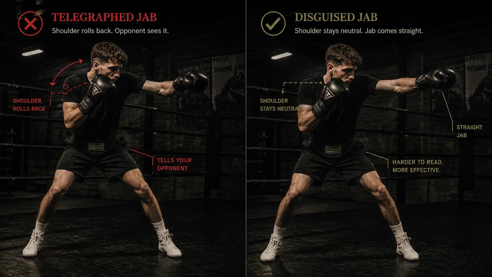 Telegraphed jab versus disguised jab shoulder-line comparison