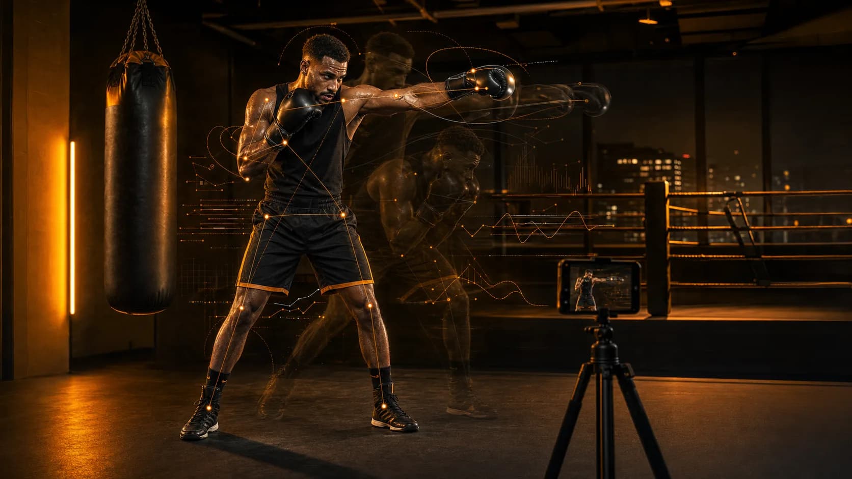 Boxer filmed by a phone while amber AI motion analysis tracks punch paths and guard recovery