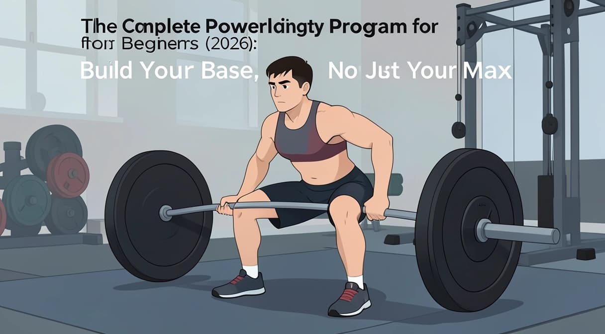 A determined beginner lifter in a gym, focusing on proper squat form with a barbell, surrounded by chalk and lifting gear.