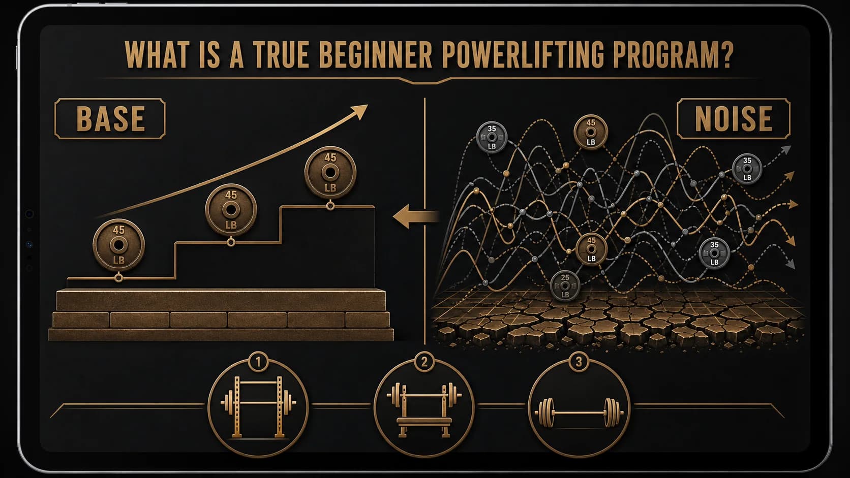 Zestawienie obok siebie na ekranie tabletu: prosty wykres progresji liniowej kontra złożony, zaawansowany wykres periodyzacji.