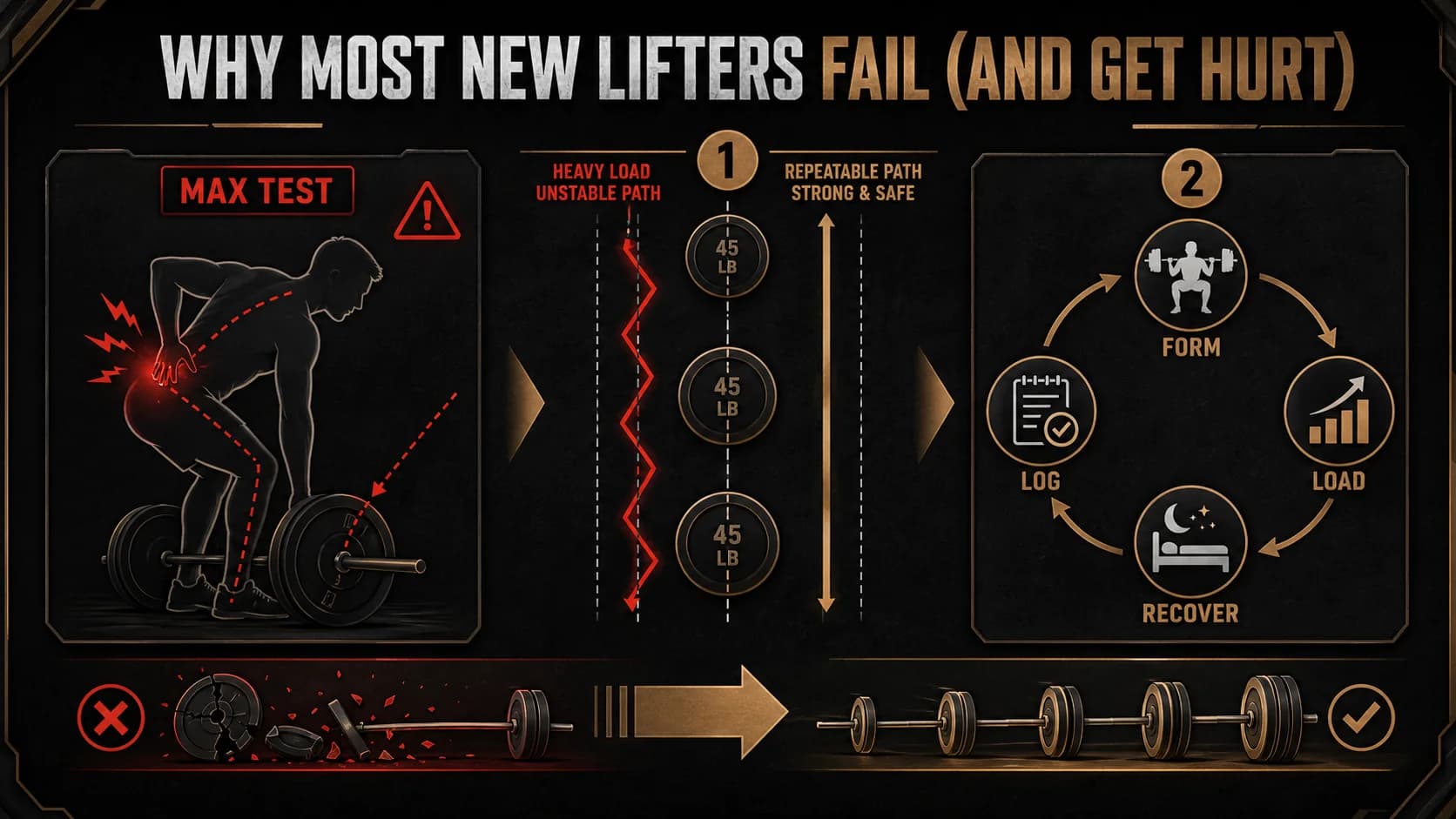 Zirytowany sportowiec masujący dolną część pleców, ze sztangą na podłodze, symbolizujący kontuzję spowodowaną złą techniką.