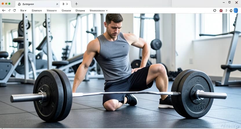 A frustrated athlete rubbing their lower back, with a barbell on the floor, symbolizing injury from poor form.