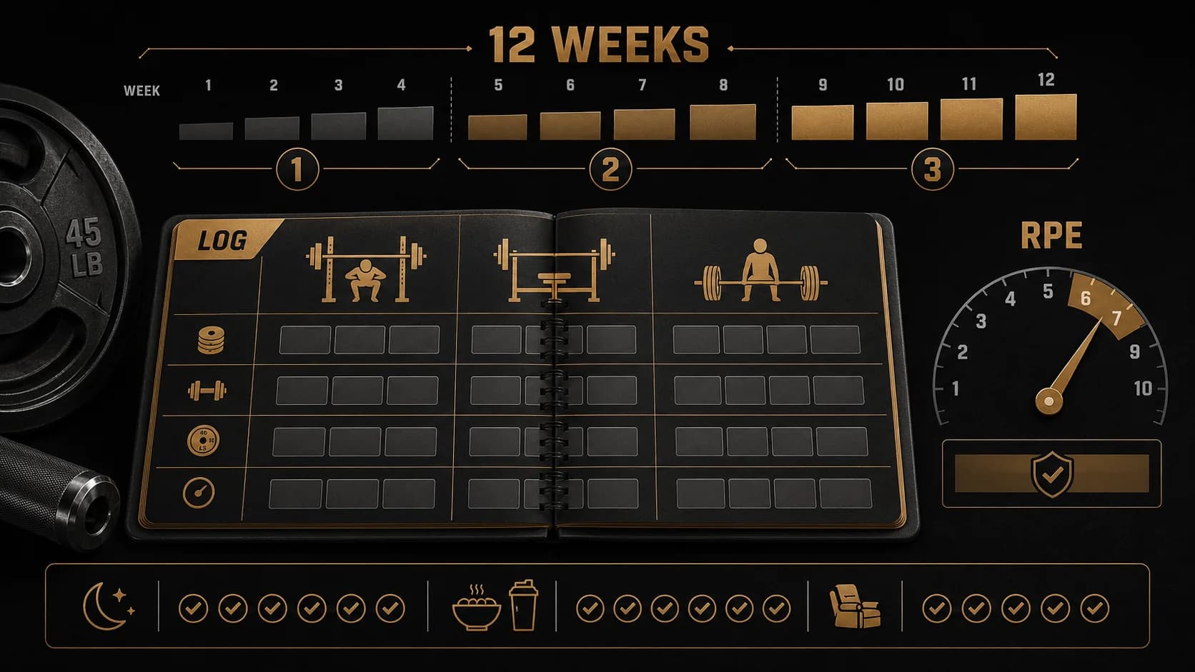 Czysta, zorganizowana strona arkusza kalkulacyjnego lub notatnika pokazująca cotygodniowy dziennik treningowy z seriami, powtórzeniami, ciężarami i notatkami RPE.