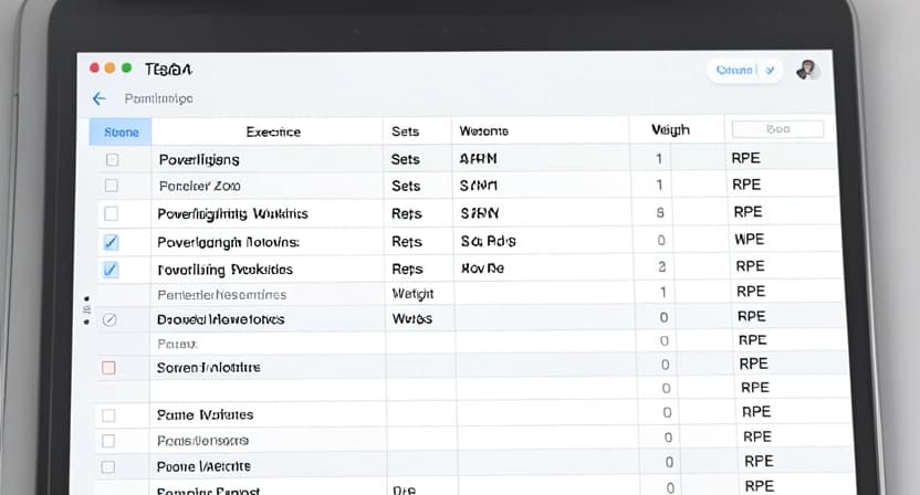 A clean, organized spreadsheet or notebook page showing a weekly training log with sets, reps, weights, and RPE notes.