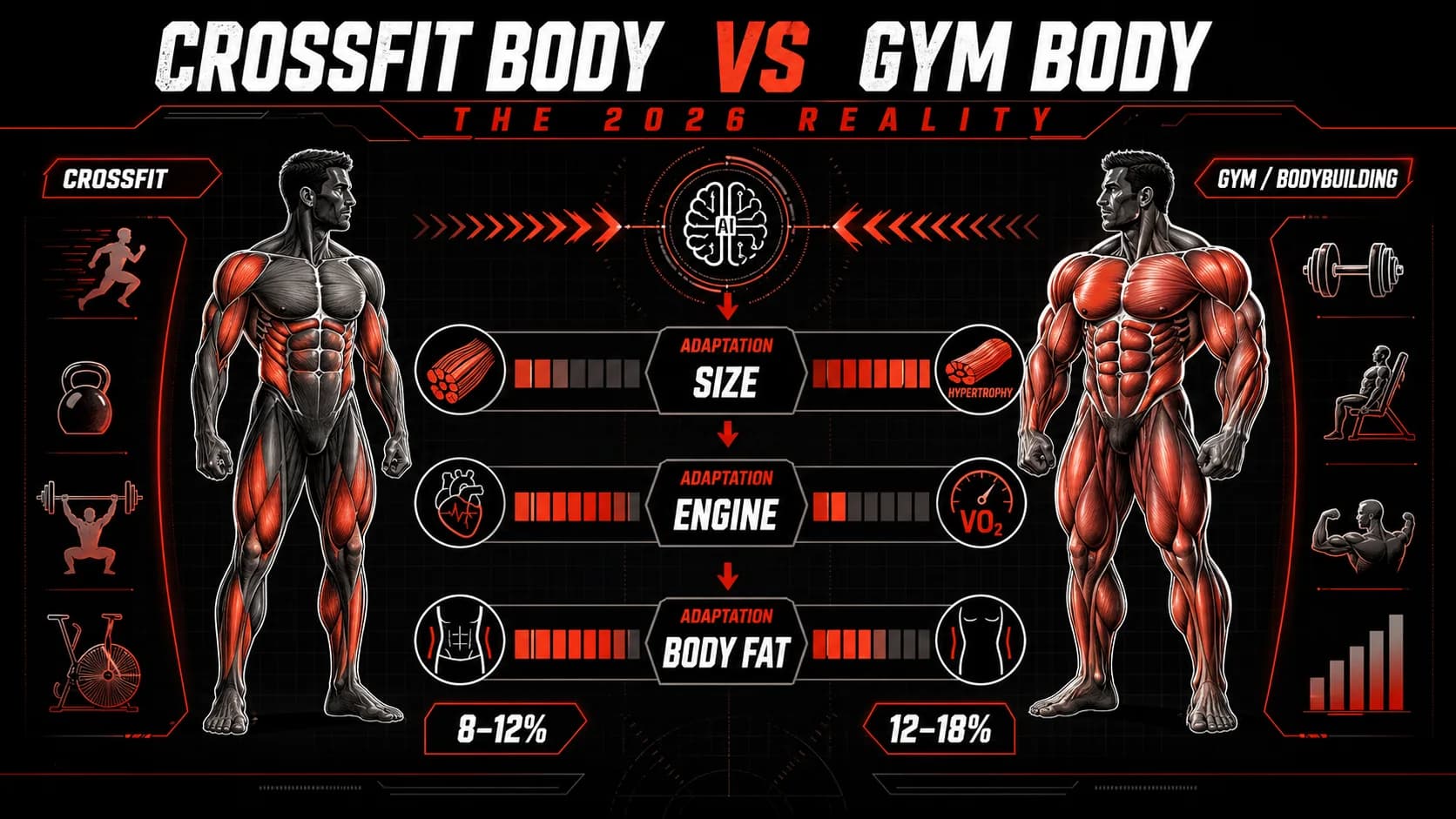 Infographie comparant la composition des fibres musculaires, le VO2 max et la masse grasse entre les types d'athlètes