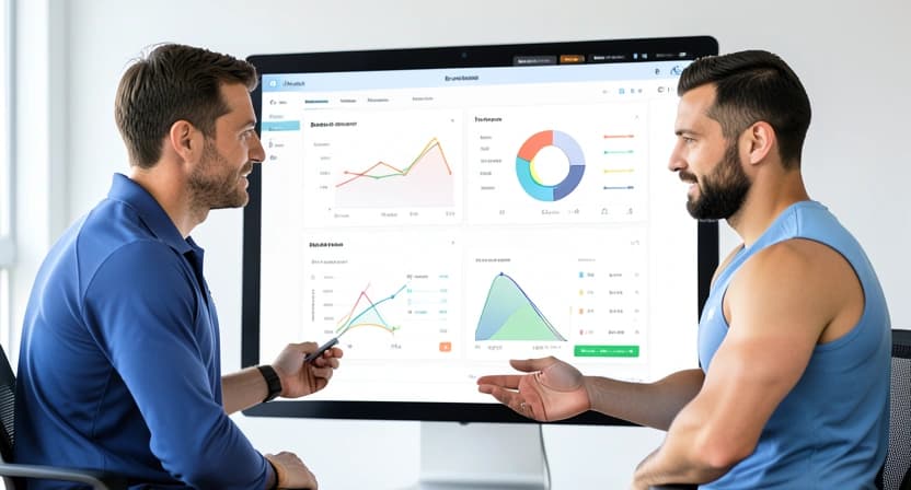 A coach reviewing AI-generated performance analytics on a tablet next to a athlete