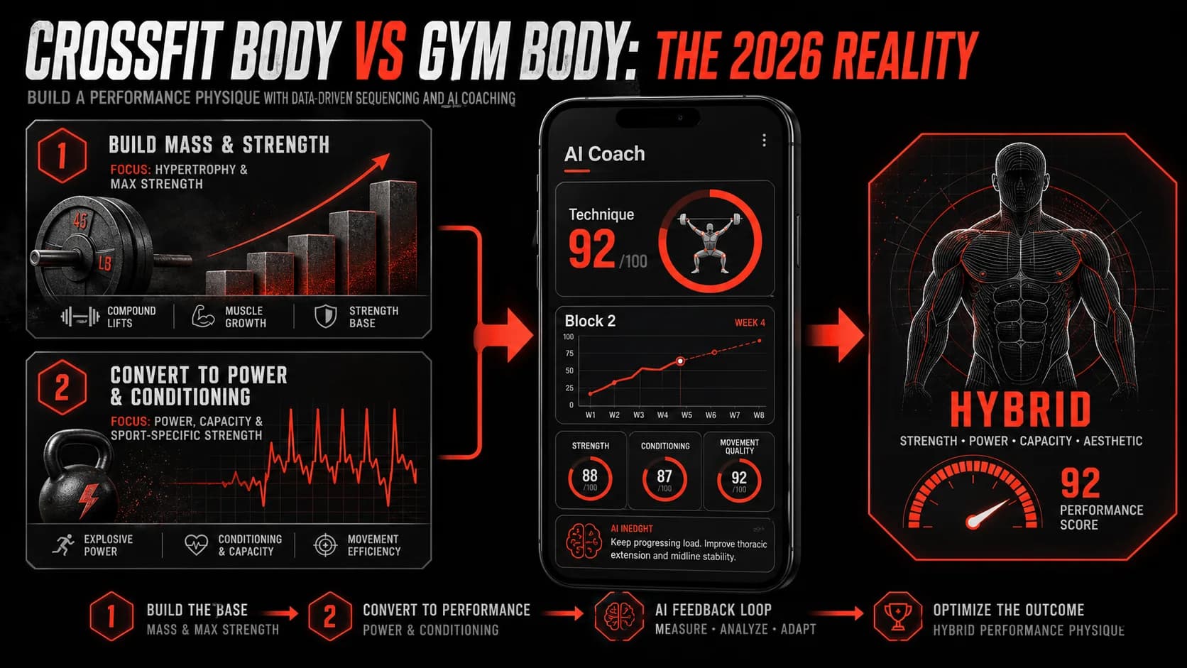 Smartphone montrant l'interface de l'IA Coach Titans Grip avec une analyse d'entraînement et un score technique