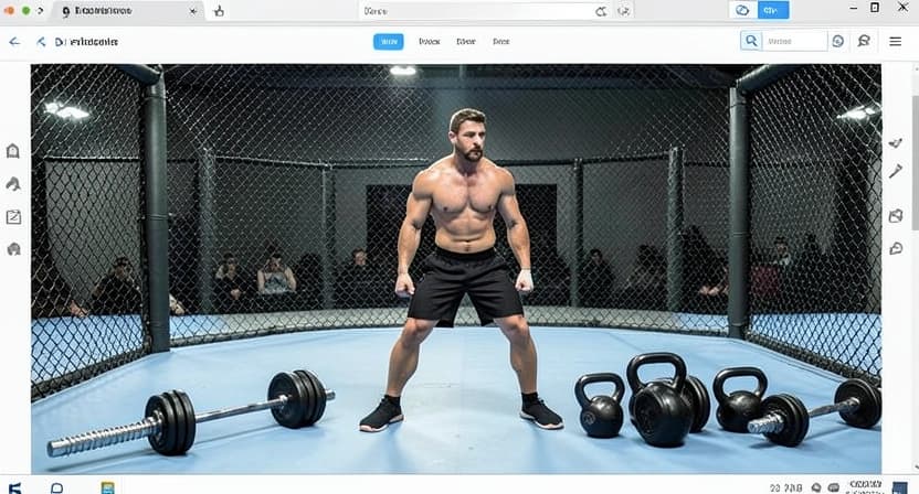A mixed martial artist shadowboxing in a cage, with a weightlifting platform visible in the background
