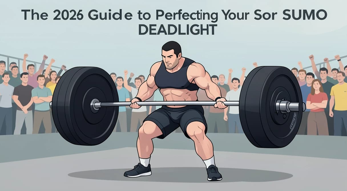 A powerful athlete in a competition setting performing a textbook sumo deadlift, showcasing wide stance and vertical torso.