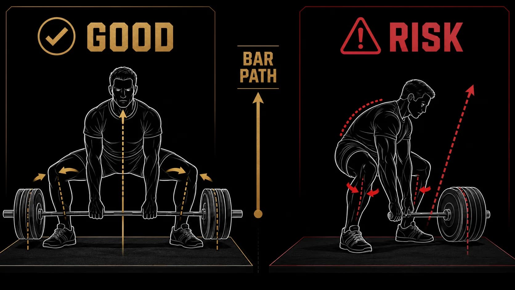 Ein Seitenvergleich der korrekten vs. inkorrekten Sumo-Kreuzheben-Aufstellung, mit Hervorhebung von Rundrücken und Knieposition.