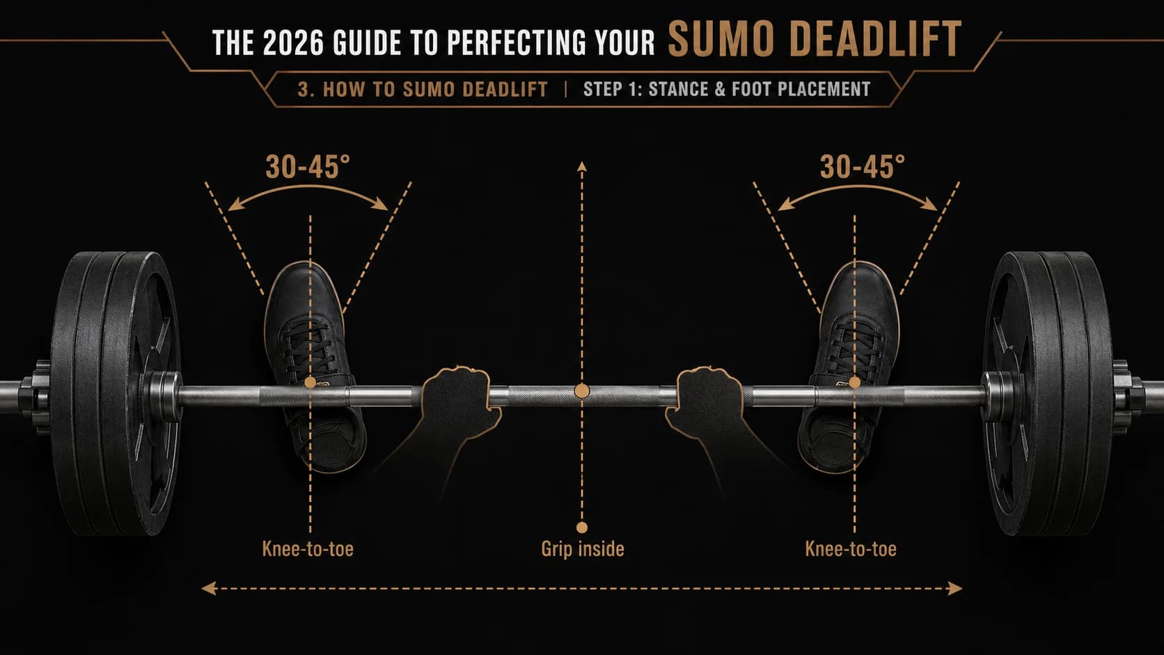 Eine Draufsicht auf die Fuß- und Handposition für ein Sumo-Kreuzheben, mit Linien, die die Ausrichtung von Knie zu Zeh zeigen.