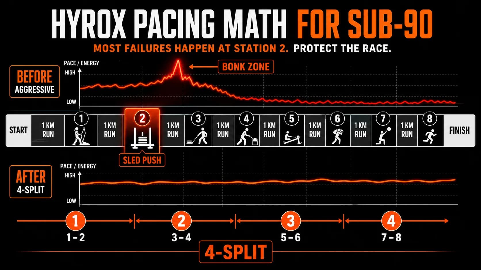Математика темпа Hyrox: почему 80% попыток суб-90 «встают» на санях (и решение «4 сплита»)