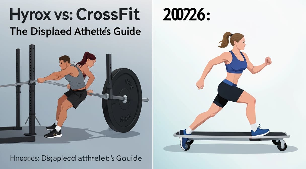 A split-screen image showing a CrossFit athlete performing a heavy clean on one side and a Hyrox athlete running with a sled on the other.