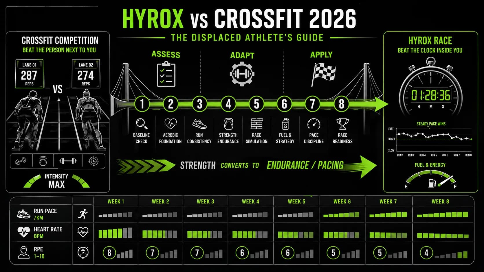 Capture d'écran d'un journal d'entraînement numérique montrant un bloc de préparation Hyrox de 8 semaines, avec des métriques comme l'allure de course, la fréquence cardiaque et le RPE de la session suivis.