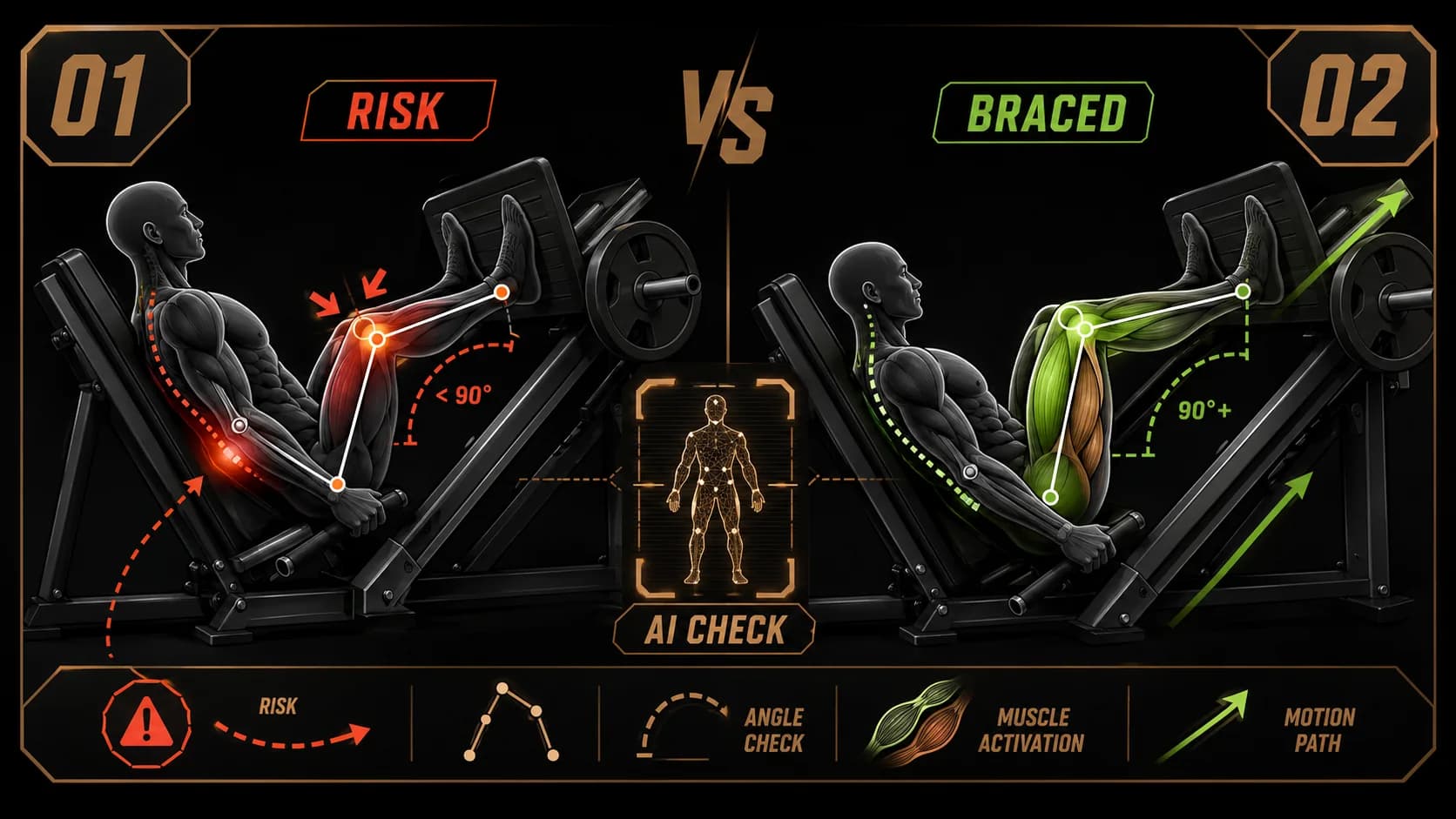 An AI analysis screenshot showing a side-by-side comparison of good vs. bad leg press form with joint angle annotations