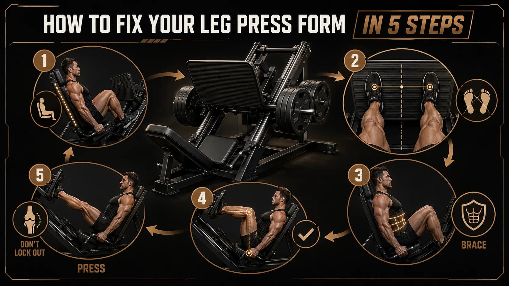 A step-by-step visual guide showing the 5 positions of proper leg press setup and execution