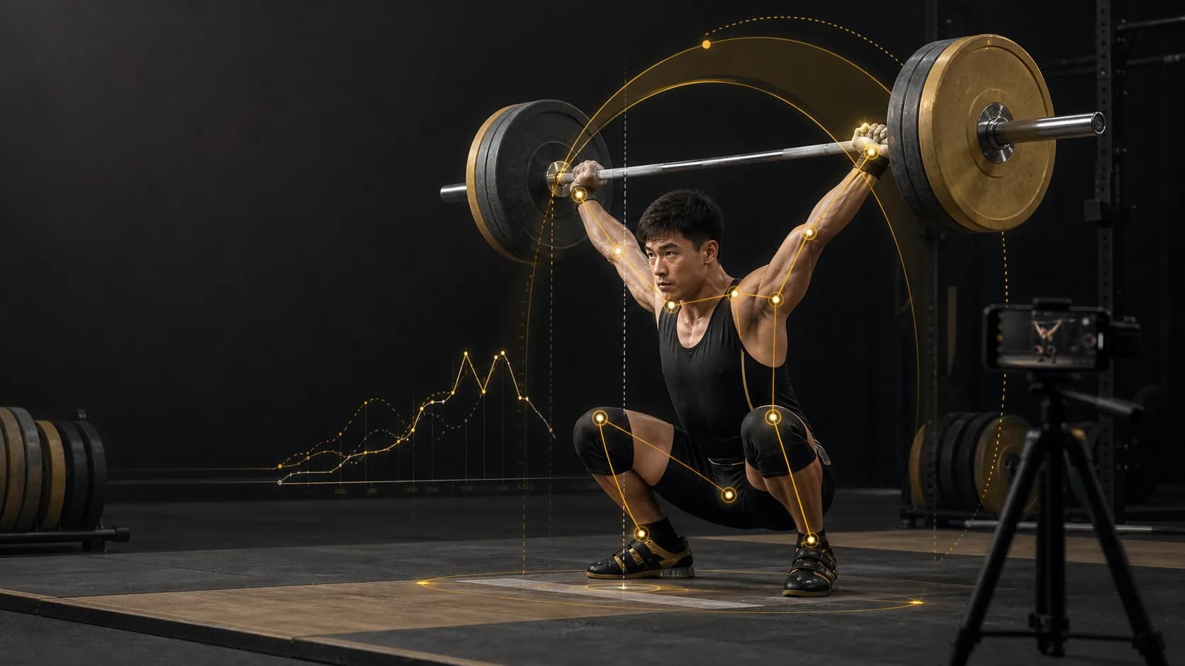 Weightlifter catching a snatch while gold AI bar-path analysis tracks the lift