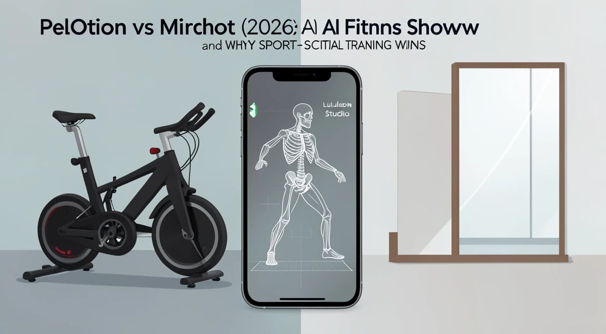 A split-screen image showing a Peloton bike on the left and a Lululemon Studio Mirror on the right, with a third panel in the center showing a smartphone displaying AI-powered video analysis of a boxing punch.