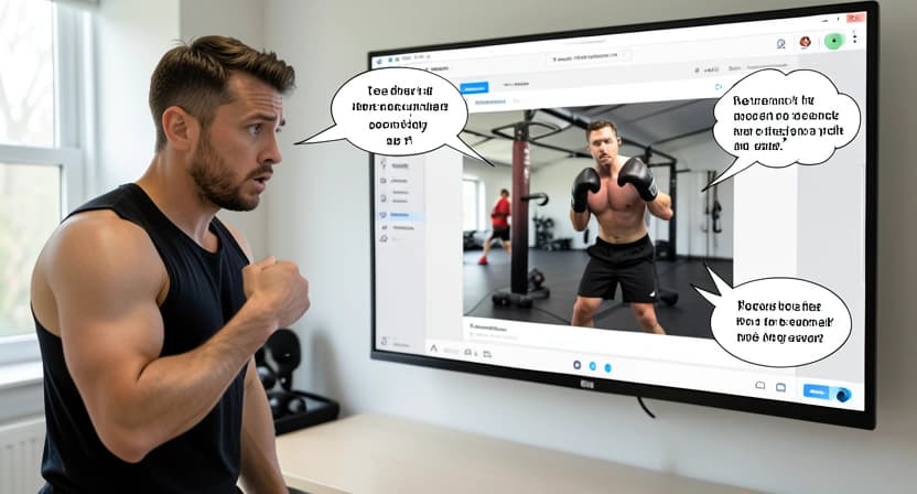 An athlete looking frustrated at a large screen displaying a generic workout, while a coach on the screen gives motivational cues but no technical feedback.