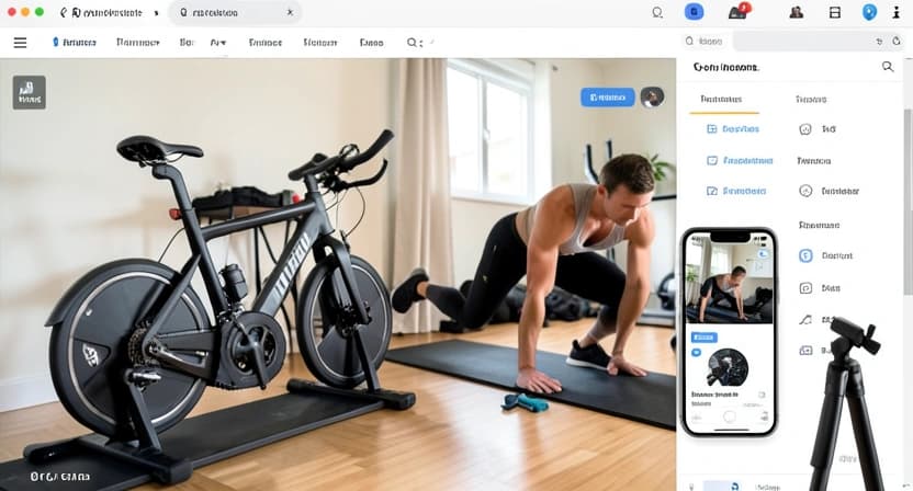 A hybrid setup showing a Peloton bike in the background with a phone mounted on it, running a sport-specific AI app for post-ride mobility and technique drills.