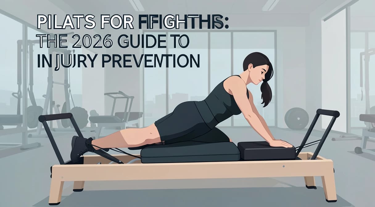 A combat athlete performing a controlled Pilates exercise on a Reformer machine, demonstrating core stability and shoulder mobility.