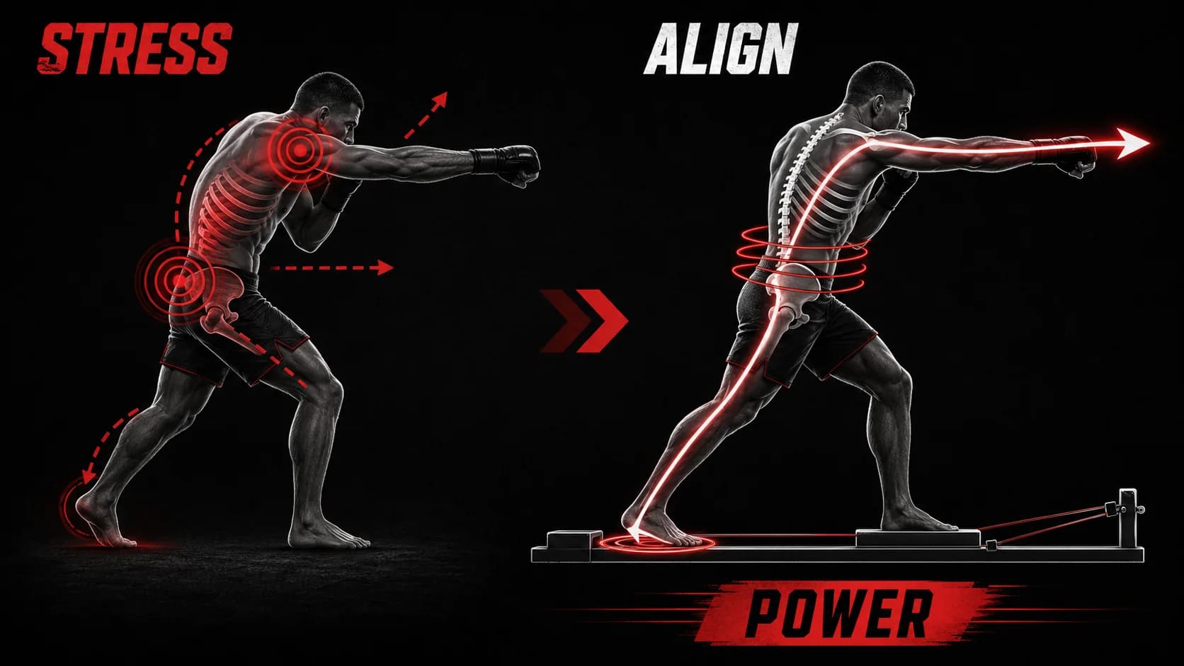 Porównanie wizualne obok siebie: po lewej zawodnik z złą postawą wykonujący cios, podkreślający obciążenie barku i dolnej części pleców. Po prawej ten sam zawodnik z wyrównaną postawą, demonstrujący przenoszenie siły od stopy opartej o podłoże przez stabilny core.