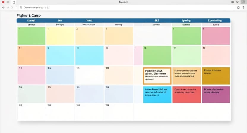 A weekly fight camp schedule visualization, showing blocks for strength, skill, conditioning, and highlighting two dedicated 30-minute Pilates prehab sessions integrated into the recovery days.